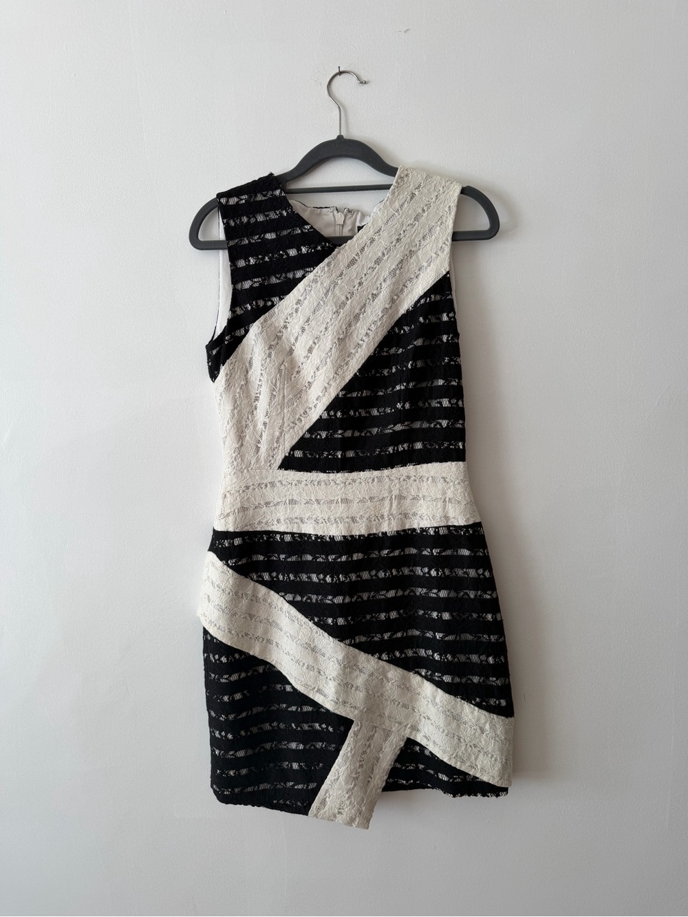 BCBGMaxAzria Black and White Lace Paneled Mini Dress modern little black dress 4